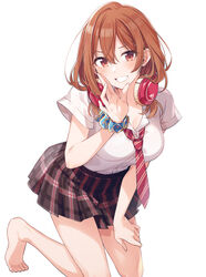  bare_legs barefoot blush breasts brown_eyes brown_hair female grin hair_between_eyes hand_on_thigh hand_up headphones headphones_around_neck highres kneeling kohinata_iroha_(imouuzai) large_breasts leaning_forward long_hair looking_at_viewer necktie official_art plaid plaid_skirt red_necktie school_uniform scrunchie shirt short_sleeves sidelocks simple_background skirt smile solo tomari_(veryberry00) tomodachi_no_imouto_ga_ore_ni_dake_uzai white_background white_shirt wrist_scrunchie 