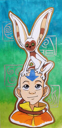  2019 aang absurd_res avatar:_the_last_airbender bald carrying_another fur hi_res human icelectricspyro mammal momo_(avatar) nickelodeon on_head primate smile traditional_media_(artwork) white_body white_fur winged_lemur 