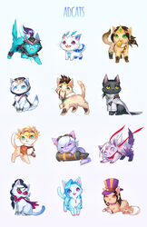  amber_eyes armor arrow_(weapon) ashe_(lol) blonde_hair blue_body blue_eyes blue_fur blue_hair braided_hair brown_clothing caitlyn_(lol) cape clothing domestic_cat draven_(lol) eyewear ezreal_(lol) felid feline felis feral fur fur_collar glasses grey_eyes hair hat headgear headwear helmet hoodie jacket jinx_(lol) justduet kalista_(lol) kog&#039;maw_(lol) league_of_legends lucian_(lol) mammal multicolored_body multicolored_fur one_eye_closed open_mouth pupils purple_body purple_fur quiver_(object) ranged_weapon red_clothing riot_games sivir_(lol) slit_pupils tan_body tan_fur tencent tongue tongue_out topwear tristana_(lol) varus_(lol) vayne_(lol) weapon whiskers white_body white_clothing white_fur 