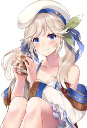  beret blonde_hair blue_eyes breasts cleavage commentary_request cucouroux_(granblue_fantasy) drink female glass granblue_fantasy hat highres ice ice_cube off_shoulder panda_inu sitting smile solo sweat twintails white_background 