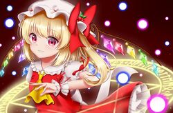  arm_up ascot blonde_hair blush commentary_request cranberry danmaku embodiment_of_scarlet_devil female flandre_scarlet gradient_background grin hat hat_ornament hat_ribbon hexagram highres looking_at_viewer magic_circle mob_cap nyanyanoruru partial_commentary puffy_short_sleeves puffy_sleeves red_background red_eyes red_skirt red_vest ribbon runes shirt short_sleeves side_ponytail simple_background skirt smile solo touhou vest white_hat white_shirt wide-eyed wings wrist_cuffs yellow_ascot 