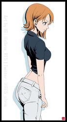  artist_name black_border black_shirt border breasts brown_eyes brown_hair chris_re5 commentary cowboy_shot crop_top cropped_shirt female from_side medium_breasts midriff nami_(one_piece) one_piece pants profile shadow shirt short_hair short_sleeves simple_background solo standing twitter_username white_background white_pants 