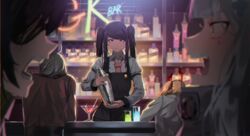  5girls ahoge alcohol alternate_costume apron bad_id bad_pixiv_id bar_(place) bartender blunt_bangs bottle breasts closed_mouth cocktail cocktail_glass cocktail_shaker collared_shirt commentary_request cup drinking_glass eyepatch facial_mark girls&#039;_frontline glass glint green_eyes grey_hair griffin_&amp;_kryuger_military_uniform hair_between_eyes hair_ornament head_on_hand helianthus_(girls&#039;_frontline) highres hk416_(girls&#039;_frontline) holding_shaker ihobus indoors jill_stingray kalina_(girls&#039;_frontline) korean_commentary large_breasts long_hair looking_at_viewer m16a1_(girls&#039;_frontline) martini military military_uniform multiple_girls necktie open_mouth scar scar_across_eye scar_on_face shirt shouting sidelocks sitting sweatdrop teardrop twintails uniform va-11_hall-a very_long_hair 