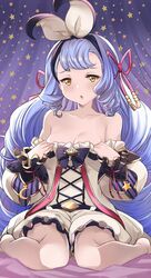  bare_shoulders bed_sheet blue_hair blue_hairband blush breasts chestnut_mouth clothes_grab collarbone commentary_request curtains detached_sleeves drill_hair female full_body furrowed_brow granblue_fantasy hair_ribbon hairband highres kurosawa_shouichi long_hair looking_at_viewer off_shoulder open_mouth phoebe_(granblue_fantasy) ribbon sitting small_breasts solo star_(symbol) star_print very_long_hair yellow_eyes 