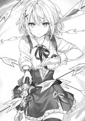  arrow_(projectile) belt braid breasts cowboy_shot female frilled_skirt frills greyscale hair_between_eyes hair_ornament highres holding holding_weapon kudou_ayato last_embryo looking_at_viewer momoko_(momopoco) mondaiji-tachi_ga_isekai_kara_kuru_sou_desu_yo? monochrome neck_ribbon novel_illustration official_art parted_lips ribbon serious short_hair simple_background skirt solo teeth thighhighs weapon wing_collar x_hair_ornament 