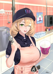  apron baskin-robbins beretta_px4 blonde_hair chaciooh commentary_request employee_uniform fast_food_uniform female food girls&#039;_frontline green_eyes gun handgun hat highres holstered ice ice_cream ice_cream_cup ice_cream_scoop ice_cube kitchen ladle looking_at_viewer mole mole_under_eye one_eye_closed open_mouth px4_storm_(girls&#039;_frontline) smile solo uniform weapon 