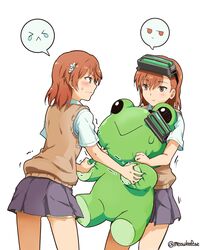  2girls :t brown_eyes brown_hair brown_sweater_vest commentary_request cowboy_shot frog gekota grey_skirt ha_neko head-mounted_display holding holding_stuffed_toy medium_hair misaka_imouto misaka_imouto_10032 misaka_mikoto multiple_girls pleated_skirt pout school_uniform siblings simple_background sisters skirt standing stuffed_animal stuffed_frog stuffed_toy summer_uniform sweater_vest toaru_kagaku_no_railgun toaru_majutsu_no_index tokiwadai_school_uniform trembling twitter_username white_background 