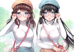  2girls absurdres adjusting_eyewear ayamy bag beret black_hair blue_eyes blurry blurry_background blush breasts brown_hair day flower glasses hair_ornament hand_up hat highres kiohana_miro long_hair long_sleeves looking_at_viewer medium_breasts medium_hair miyawaki_sana mole mole_under_eye multiple_girls open_mouth original outdoors scan turtleneck upper_body 