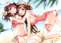  2girls absurdres all_fours ancotaku ass bare_arms bare_shoulders beach bikini blue_eyes blush breasts brown_hair cloud cloudy_sky collarbone day flower hair_flower hair_ornament head_wreath highres kiohana_miro leaf long_hair medium_breasts miyawaki_sana multiple_girls navel ocean one-piece_swimsuit open_mouth original outdoors page_number pink_bikini pink_one-piece_swimsuit polka_dot polka_dot_bikini polka_dot_swimsuit shiny_clothes shiny_skin short_hair siblings side-tie_bikini_bottom sideboob sitting skindentation sky swimsuit thigh_strap thighs twins water x_hair_ornament 