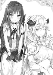  2girls arm_belt armpit_crease bare_shoulders belt blush breasts character_request choker clenched_hands closed_mouth detached_sleeves embarrassed greyscale grin hair_between_eyes hand_up highres horns jacket large_breasts last_embryo long_hair looking_at_viewer momoko_(momopoco) mondaiji-tachi_ga_isekai_kara_kuru_sou_desu_yo? monochrome multiple_girls navel neck_ribbon novel_illustration official_art one_eye_closed parted_lips ponytail ribbon shirt short_sleeves simple_background smile sweatdrop teeth very_long_hair wrist_cuffs 