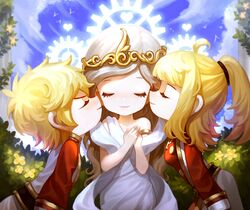  1boy 2girls alpha_(maplestory) armlet bad_id bad_pixiv_id beta_(maplestory) blonde_hair blue_sky closed_eyes day dress facing_viewer grey_hair heart highres imminent_kiss leaning_forward long_hair maplestory multiple_girls outdoors ponytail rhinne_(maplestory) sidelocks sky somu_(dlektha1994) standing very_long_hair white_dress 