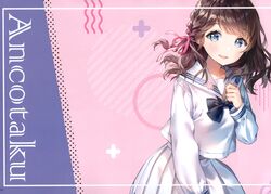  absurdres ancotaku artist_name blue_eyes blue_ribbon bow braid brown_hair collarbone female floral_print flower hairbow hand_on_own_chest hand_up highres kiohana_miro long_sleeves medium_hair mole mole_under_eye original pink_bow pleated_skirt ribbon sailor_collar scan school_uniform simple_background skirt solo tied_hair white_skirt 