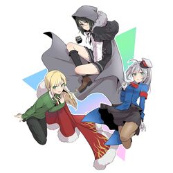  1boy 2girls add_(fate) ahoge bad_id bad_twitter_id black_hair blonde_hair blush cape cloak commentary_request cosplay costume_switch crossdressing fate/grand_order fate_(series) fur_trim gray_(fate) gray_(fate)_(cosplay) green_eyes grey_hair hat highres hood hooded_cloak long_hair lord_el-melloi_ii_case_files medium_hair mini_hat multiple_girls necktie pants pantyhose peaked_cap pleated_skirt reines_el-melloi_archisorte reines_el-melloi_archisorte_(cosplay) skirt tsurutsuru_mi waver_velvet waver_velvet_(cosplay) 