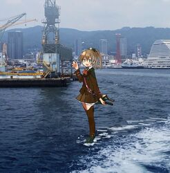  annin_musou ascot bad_id bad_twitter_id blazer blue_eyes brown_ascot brown_hair brown_legwear brown_skirt building commentary_request crane_(machine) female high_ponytail highres jacket kantai_collection kobe kumano_(kancolle) long_hair looking_at_viewer machinery outdoors photo_background pleated_skirt ponytail ship skirt solo tower turret walking walking_on_liquid watercraft waving 