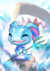  3_toes 4_fingers ambiguous_gender closed_eyes digital_media_(artwork) duo fangs feet fingers fish fizz_(lol) justduet league_of_legends marine melee_weapon open_mouth open_smile pink_tongue polearm riot_games shark sharp_teeth signature smile solo_focus teeth tencent text toes tongue trident weapon yordle 