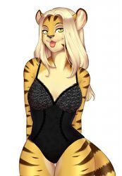  anthro basque breasts clothed clothing curvy_figure felid female green_eyes hi_res hourglass_figure kara_(furryneko) lingerie looking_at_viewer mammal melamoryblack pantherine smile solo standing tiger tongue tongue_out wide_hips 