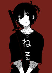  black_hair closed_mouth clothes_writing collarbone commentary_request etou_kanami female hair_between_eyes hair_ribbon high_contrast holding holding_sword holding_weapon jewelry katana limited_palette lionet0806 necklace one_side_up red_background ribbon ring ring_necklace short_hair sidelocks simple_background solo spot_color sword toji_no_miko weapon 