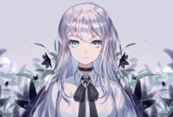  black_bow black_choker black_flower black_footwear blue_eyes blurry blurry_background bow brooch choker collared_shirt commentary depth_of_field female flower grey_background grey_hair hair_between_eyes highres jewelry kamchatka_lily lily_(flower) long_hair looking_at_viewer mechuragi original shirt solo symbol-only_commentary upper_body white_flower white_shirt 