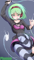  black_choker black_footwear breasts character_name choker cleavage closed_mouth collarbone commentary_request female green_hair headphones holding holding_whip leg_up leggings long_sleeves meuniel panties phonon_(under_night_in-birth) purple_panties rabittofaa small_breasts smile solo striped striped_leggings tongue tongue_out under_night_in-birth under_night_in-birth_exe:late[st] underwear v-shaped_eyebrows whip 