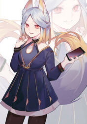  alternate_costume animal_ear_fluff animal_ears bad_id bad_pixiv_id blue_dress brown_hair brown_legwear cellphone closed_mouth commentary_request cowboy_shot dress female fingernails gradient_hair grey_hair highres holding holding_phone long_sleeves looking_at_viewer machi_(7769) miketsu_(onmyoji) multicolored_hair multiple_views onmyoji pantyhose parted_lips phone photoshop_(medium) pleated_dress red_nails round_teeth smile tail tail_raised teeth upper_teeth_only 