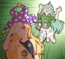  2girls alternate_costume aqua_hair aqua_nails blank_eyes blonde_hair claw_pose clownpiece club_america club_leon commentary curly_hair emphasis_lines gradient_background green_shirt hat horns jester_cap komainu komano_aunn liga_mx long_hair mefomefo meme mexico multiple_girls nail_polish nike_(company) open_mouth pouncing purple_eyes shirt shoes short_sleeves shorts single_horn sneakers soccer_uniform socks spanish_commentary sportswear sweating_towel_guy_(meme) teeth touhou towel very_long_hair white_shorts wide-eyed wing_collar wiping_sweat yellow_shirt 