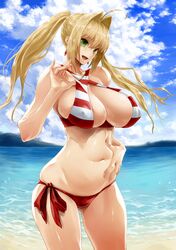  absurdres ahoge bikini blonde_hair blush bonten breasts cleavage commentary cowboy_shot criss-cross_halter earrings fate/grand_order fate_(series) female green_eyes hair_intakes halterneck highres huge_breasts jewelry long_hair looking_at_viewer navel nero_claudius_(fate) nero_claudius_(swimsuit_caster)_(fate) ocean outdoors side-tie_bikini_bottom smile solo striped_bikini striped_clothes swimsuit twintails 