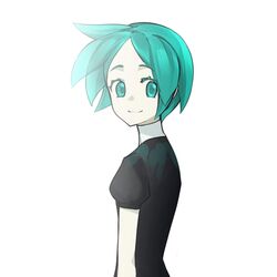  1other androgynous aqua_eyes aqua_hair colored_eyelashes commentary gem_uniform_(houseki_no_kuni) green_eyes green_hair houseki_no_kuni looking_at_viewer looking_back other_focus phosphophyllite short_hair smile solo ultracat upper_body white_background 