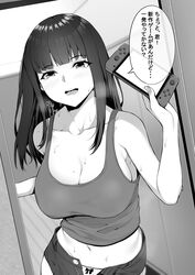  bangs breasts collarbone commentary_request eyebrows_visible_through_hair female greyscale highres large_breasts long_hair looking_at_viewer monochrome navel nintendo_switch no_bra open_mouth original panties round_teeth solo sweat takocha tank_top teeth they_had_lots_of_sex_afterwards translation_request underwear 