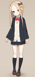  abigail_williams_(fate) alternate_costume bad_id bad_pixiv_id bell_(oppore_coppore) black_bow black_jacket black_skirt black_socks blazer blush bow brown_background brown_cardigan brown_footwear cardigan closed_mouth collared_shirt commentary_request diagonal_stripes dress_shirt fate/grand_order fate_(series) female forehead full_body hairbow head_tilt highres jacket kneehighs light_brown_hair loafers long_hair long_sleeves multiple_hair_bows open_clothes open_jacket orange_bow parted_bangs pleated_skirt polka_dot polka_dot_bow red_bow school_uniform shirt shoes simple_background skirt sleeves_past_wrists smile socks solo standing striped striped_bow very_long_hair white_shirt 