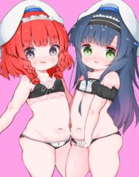  2girls :d bangs beret black_bra black_panties blue_hair blush bra braid collarbone commentary_request etorofu_(kantai_collection) eyebrows_visible_through_hair green_eyes hat highres kantai_collection long_hair looking_at_viewer matsuwa_(kantai_collection) mugichoko_(mugi_no_choko) multiple_girls navel open_mouth panties pink_background purple_eyes red_hair short_eyebrows side_braids simple_background smile thick_eyebrows twin_braids underwear underwear_only very_long_hair white_headwear 