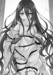  asymmetrical_clothes curly_hair detached_sleeves female floating_hair frown greyscale hair_between_eyes hand_on_own_hip highres last_embryo long_hair long_sleeves looking_at_viewer momoko_(momopoco) monochrome non-web_source novel_illustration official_art solo standing very_long_hair wide_sleeves 