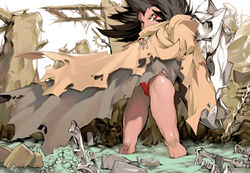  bare_legs black_hair bone broken_bone cloak commentary female gears holding holding_bone holding_skull jewelry leotard looking_down medium_hair necklace original photoshop_(medium) red_eyes red_leotard rock skull solo steam torn_clothes wading ysk! 