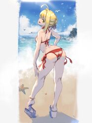  ahoge alternate_breast_size anklet arched_back ass beach bikini breasts commentary contrapposto day fate/grand_order fate_(series) female from_behind green_eyes hair_bun hair_intakes hair_ribbon halterneck head_tilt highres jewelry kneepits korean_commentary looking_back nero_claudius_(fate) nero_claudius_(swimsuit_caster)_(fate) outdoors oz_(gerbera7) platform_footwear ribbon sandals short_hair side-tie_bikini_bottom single_hair_bun small_breasts solo standing striped_bikini striped_clothes swimsuit 