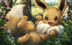  brown_eyes commentary_request day eevee flower grass momomo12 no_humans outdoors photoshop_(medium) pink_flower pokemon pokemon_(creature) sunlight white_flower 