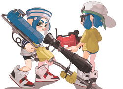  .52_gal_(splatoon) 2girls agemu backwards_hat bad_id bad_pixiv_id baseball_cap bike_shorts black_shorts blue_hair dixie_cup_hat e-liter_4k_(splatoon) green_eyes grin hat highres holding inkling inkling_girl inkling_player_character long_hair long_sleeves military_hat multiple_girls octoling octoling_girl octoling_player_character orange_eyes pointy_ears shadow shirt shoes short_hair short_sleeves shorts simple_background single_vertical_stripe smile sneakers splatoon_(series) splatoon_2 standing suction_cups sunglasses t-shirt tentacle_hair white_background white_headwear yellow_shirt 