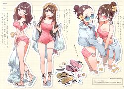  2girls absurdres ancotaku artist_name ass bare_shoulders bikini blue_eyes blush breasts brown_hair cleavage collarbone flower full_body glasses hair_flower hair_ornament head_wreath highres holding jacket kiohana_miro long_hair looking_at_viewer medium_breasts miyawaki_sana multiple_girls one-piece_swimsuit one_eye_closed open_clothes open_jacket open_mouth original page_number polka_dot sandals scan simple_background smile standing swimsuit thigh_strap tied_hair x_hair_ornament 