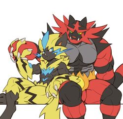  2018 abs anthro anthro_on_anthro blue_eyes claws duo fangs felid frown fur generation_7_pokemon hand_holding incineroar jacketbear legendary_pokemon looking_at_another looking_at_partner male male/male mammal muscular muscular_male navel nintendo pantherine pecs pokemon pokemon_(species) red_body red_fur simple_background sitting teeth white_background yellow_body yellow_fur zeraora 