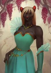  2019 anthro blonde_hair breasts clothed clothing felid feline female food fruit grape hair hi_res jewelry mammal necklace plant smile solo standing thescarletartist wide_hips 