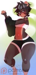  anthro athletic athletic_anthro athletic_female bandage bear biped black_body black_fur black_hair bottomwear brown_body brown_fur clothing female fur hair hi_res higgyy letti_(higgyy) mammal portrait scar shorts simple_background solo text thick_thighs tomboy url wide_hips 