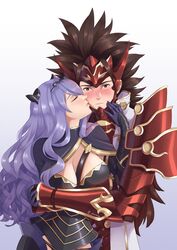  1boy absurdres aequorine arm_guards armor blush breasts brown_hair camilla_(fire_emblem_if) capelet closed_eyes embarrassed female fire_emblem fire_emblem_if gloves headgear highres hug hug_from_behind kissing large_breasts long_hair purple_hair ryouma_(fire_emblem_if) spiked_hair 