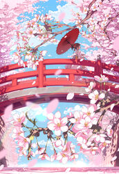  ayataka blue_sky blush bridge brown_eyes brown_hair cherry_blossoms closed_mouth cloud cloudy_sky commentary_request day female floral_print flower hair_bun hair_flower hair_ornament highres holding holding_umbrella japanese_clothes kimono long_sleeves obi oil-paper_umbrella original outdoors petals photoshop_(medium) red_umbrella sash single_hair_bun sky solo standing tree umbrella wide_sleeves 