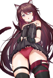  :o absurdres animal_ear_fluff animal_ears arknights arm_ribbon armband bare_shoulders black_dress black_gloves blush bow bow_panties breasts clothes_lift collarbone commentary cowboy_shot criss-cross_halter crotch_seam dress dress_lift female gloves halterneck highres lifting_own_clothes long_hair looking_at_viewer material_growth melantha_(arknights) oooomiga oripathy_lesion_(arknights) panties partially_fingerless_gloves photoshop_(medium) purple_eyes purple_hair red_panties ribbon sidelocks simple_background small_breasts solo tail thigh_strap thighhighs underwear white_background 