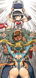  1boy 2girls arms_up ass back back_cutout bald black_hair bob_cut chair clenched_teeth cloak clothing_cutout commentary_request eyepatch folding_chair from_behind heart_cutout highres leotard looking_at_another multiple_girls outstretched_arms photoshop_(medium) pointing pointing_up rainbow_mika sagat street_fighter street_fighter_v teeth twintails white_eyes wrestling_outfit yamato_nadeshiko_(street_fighter) ysk! 