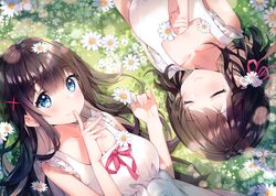  2girls absurdres ayamy bare_arms bare_shoulders black_hair blue_eyes blush bow bowtie breasts brown_hair closed_mouth collarbone day dress finger_to_mouth flower grass hair_flower hair_ornament highres holding index_finger_raised kiohana_miro lips long_hair looking_at_viewer lying medium_breasts medium_hair miyawaki_sana mole mole_under_eye multiple_girls original outdoors scan shiny_skin shushing sleeveless sleeveless_dress smile white_dress x_hair_ornament 