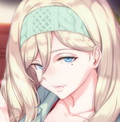  blonde_hair blue_eyes blurry blurry_background casual collarbone commentary_request female hair_between_eyes half-closed_eyes hand_up head_tilt headband indoors kantai_collection long_hair looking_at_viewer lowres mole mole_under_eye mole_under_mouth open_clothes osterei parted_lips portrait richelieu_(kancolle) sidelocks smile solo 