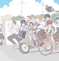  achilles_(fate) bag beard bicycle bicycle_basket carrying facial_hair fate/grand_order fate_(series) fedora flying fujimaru_ritsuka_(male) fuuma_kotarou_(fate/grand_order) glasses ground_vehicle hat ibaraki_douji_(fate/grand_order) minamoto_no_raikou_(fate/grand_order) mo_(kireinamo) motor_vehicle okada_izou_(fate) oni_horns oryou_(fate) penthesilea_(fate/grand_order) police police_uniform policewoman reading rider_(fate/zero) riding running sakamoto_ryouma_(fate) sakata_kintoki_(fate/grand_order) scared school_bag school_uniform scooter shoes shuten_douji_(fate/grand_order) sneakers sunglasses uniform waver_velvet yan_qing_(fate/grand_order) 