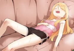  absurdres blonde_hair blush bural_chingu commentary_request couch drooling feet_out_of_frame female hair_between_eyes highres lee_ji-min long_hair on_couch open_mouth saliva shorts sleeping smile solo strap_slip sweat tank_top wweed 