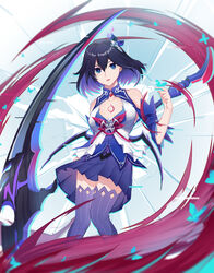  7t :o absurdres bare_shoulders black_hair blue_butterfly blue_eyes blue_hair blush breasts bug butterfly cleavage commentary_request dress female hair_between_eyes hair_ornament hand_up highres holding holding_scythe honkai_(series) honkai_impact_3rd looking_at_viewer medium_breasts multicolored_hair scythe seele_vollerei seele_vollerei_(swallowtail_phantasm) short_hair skirt solo standing tattoo thighhighs 