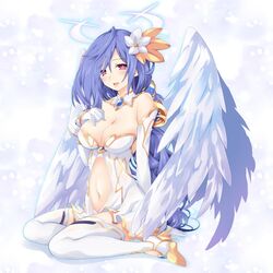  angel angel_wings blue_hair blush breasts cleavage clothing_cutout commentary_request detached_collar elbow_gloves feathered_wings female flower four_goddesses_online:_cyber_dimension_neptune gloves hair_flower hair_ornament halo hand_on_own_chest iris_heart iwashi_dorobou_-r- kami_jigen_game_neptune_v large_breasts long_hair looking_at_viewer navel navel_cutout neptune_(series) power_symbol power_symbol-shaped_pupils red_eyes see-through sitting smile solo symbol-shaped_pupils very_long_hair white_gloves white_legwear wings 