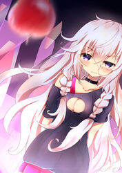  abstract_background absurdres ai_(pandora_voxx) alternate_costume apple areola_slip arms_behind_back bad_id bad_pixiv_id bare_shoulders black_background black_choker black_shirt bra bra_strap braid breasts choker cleavage cleavage_cutout clothing_cutout collarbone commentary_request dutch_angle female food fruit grey_hair highres ia_(vocaloid) light_frown long_hair looking_at_viewer medium_breasts off_shoulder pink_background pink_skirt pleated_skirt purple_bra purple_eyes roku-chou_nen_to_ichiya_monogatari_(vocaloid) sachisudesu shirt shnva_(style) short_sleeves skirt solo standing twin_braids underwear upper_body very_long_hair vocaloid 